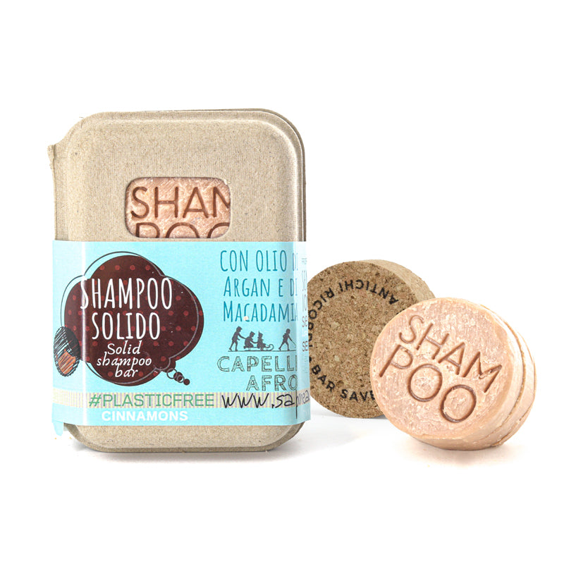 SHAMPOO SOLIDO 55 gr CAPELLI AFRO O RICCI POROSI ALLA CANNELLA CON BAR SAVER IN SUGHERO