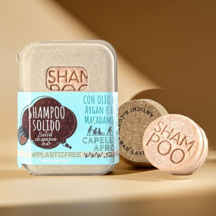 SHAMPOO SOLIDO 55 gr CAPELLI AFRO O RICCI POROSI ALLA CANNELLA CON BAR SAVER IN SUGHERO